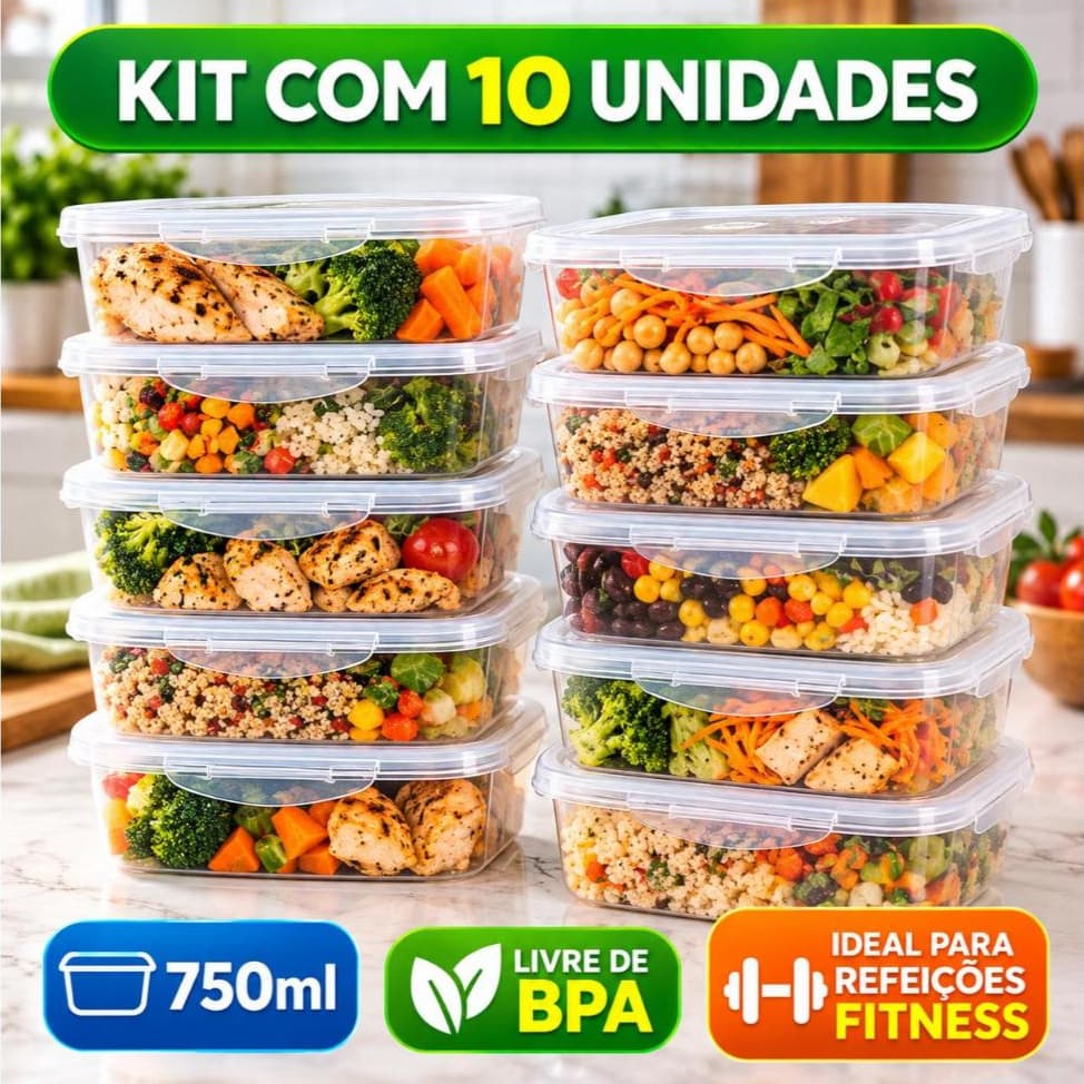 Kit 10 Marmitas Potes 750ml Travas Laterais Hermeticas Livres de BPA Alimentos Organiza Congelador