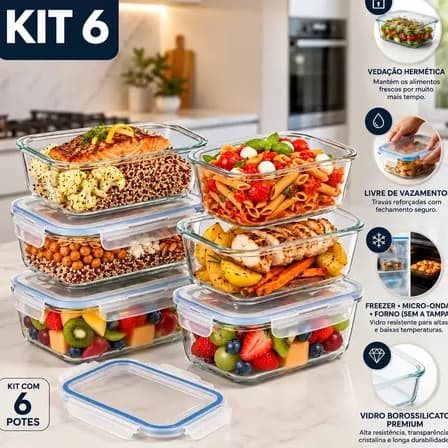 Kit 6 Potes De Vidro Herméticos Retangulares 640ml Com Tampa Para Marmita E Armazenamento De Alimentos Na Geladeira E Freezer Organização Da Cozinha Refeições E Conservação De Refeições - Shokki