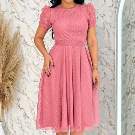 Vestido Moda Evangélica  Godê Mídi De Tule Poá Manga Curta